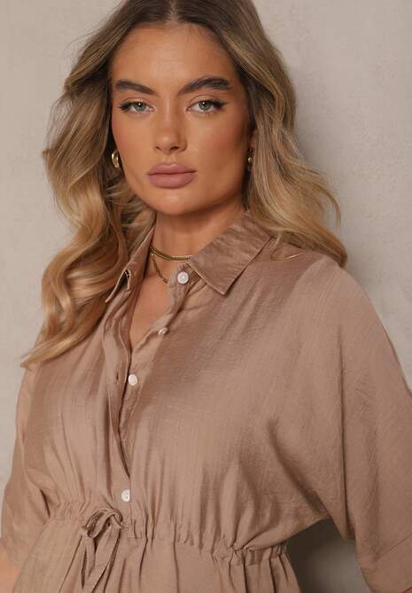 Ciemnobeżowa Wiskozowa Sukienka o Koszulowym Kroju z Wiązaniem w Talii Nanovias