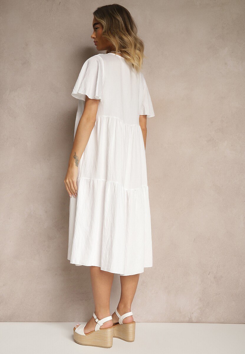 Biała Rozkloszowana Sukienka z Wiskozy z Dekoltem w Serek Natasella