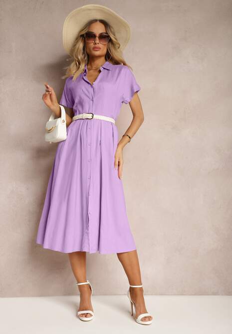Fioletowa Sukienka Koszulowa z Lnem i Wiskozą Jucilla