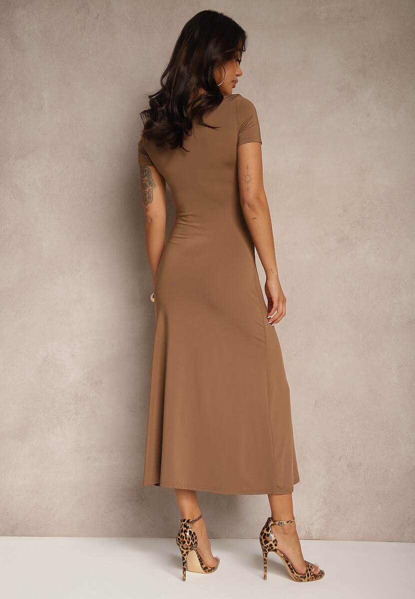Brązowa Sukienka Bodycon z Marszczeniem w Talii  i Krótkimi Rękawami Aterezza