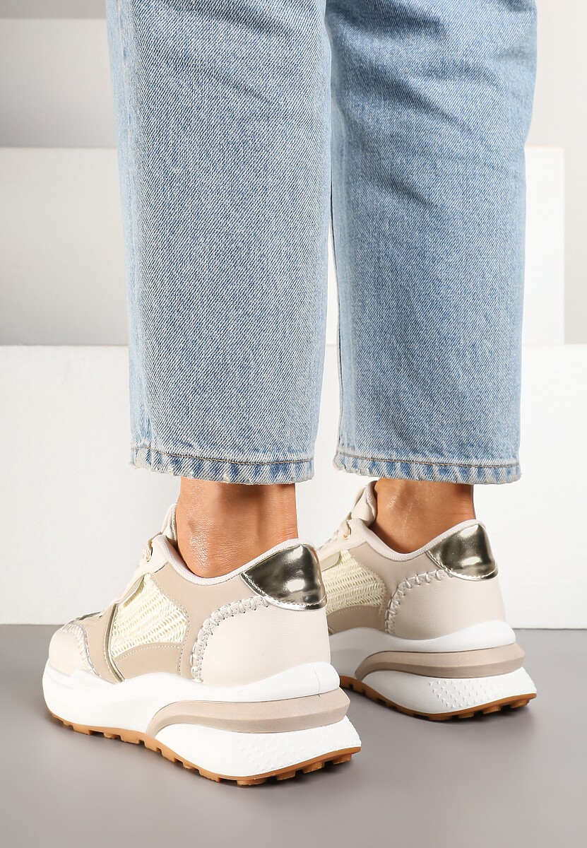 Beżowe Sneakersy na Platformie ze Wstawkami z Plecionki Ninatia