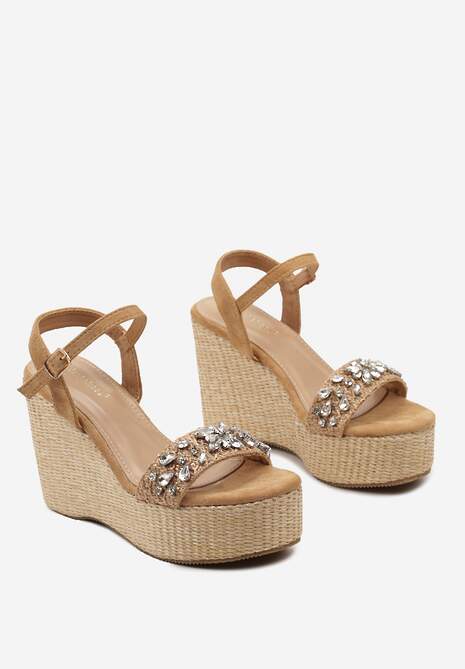 Brązowe Sandały na Koturnie i Platformie z Plecionki z Cyrkoniami i Sprzączką Ridala