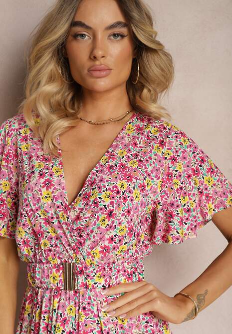 Różowa Kopertowa Sukienka z Wiskozy z Materiałowym Paskiem i Gumką w Talii z Rozcięciem Vikali