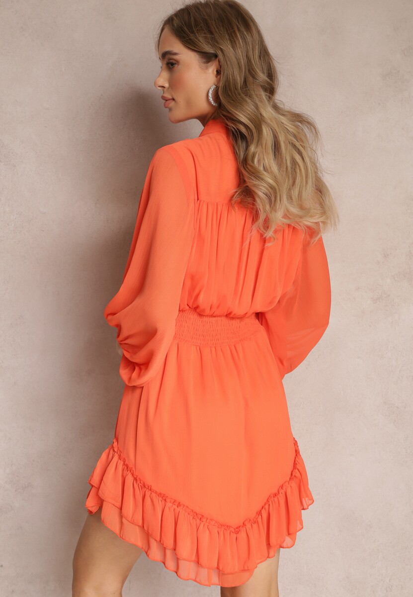 Pomarańczowa Sukienka Mini z Ozdobnymi Guzikami i Rękawem 3/4 Parissa