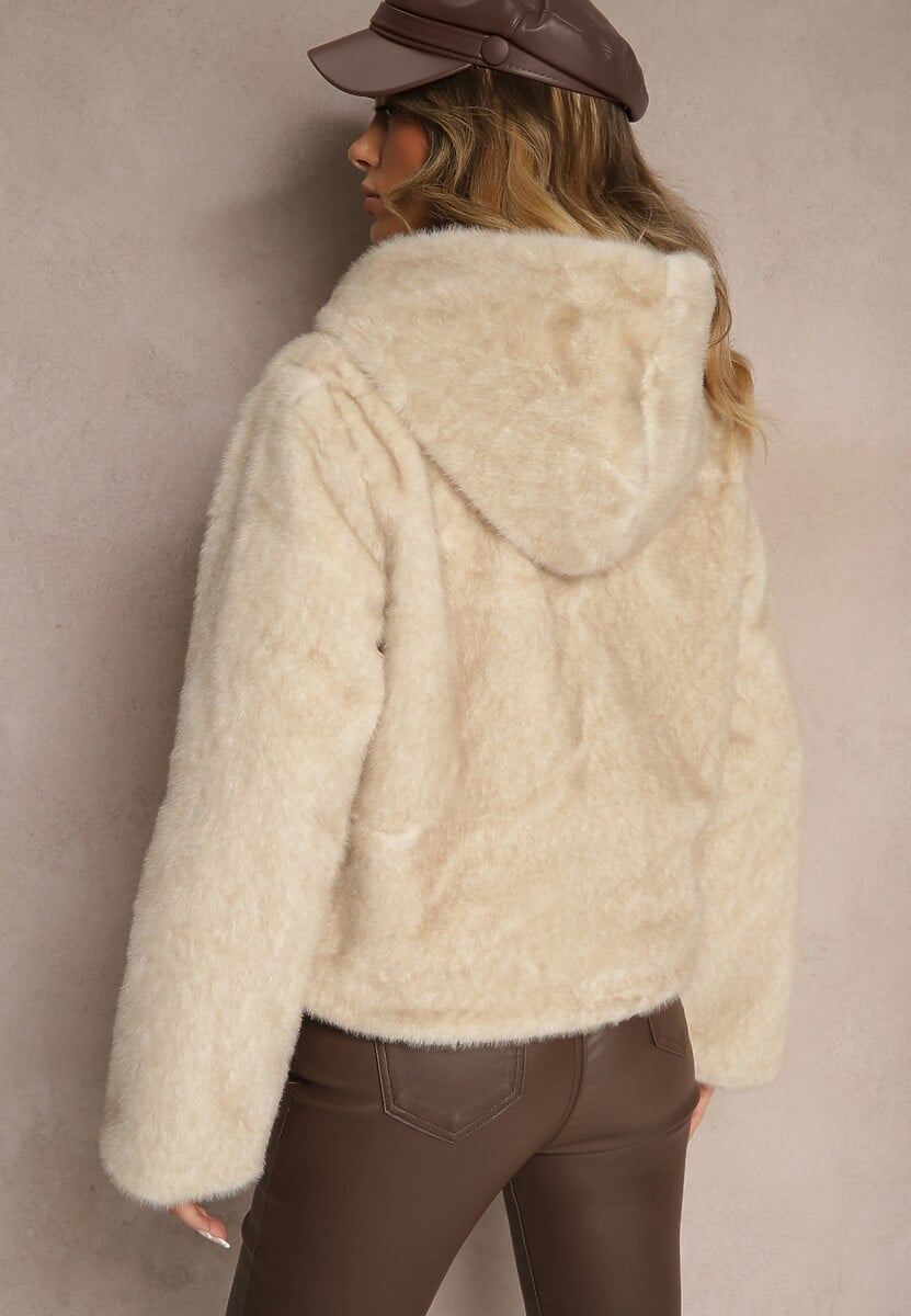 Jasnobeżowa Kurtka Futerkowa z Kapturem i Podszewką z Polarem Venorin