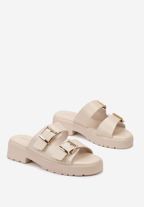 Beżowe Klapki z Dwoma Regulowanymi Paskami i Grubą Podeszwą Mistafa