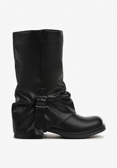 Czarne Botki Bikery z Wywiniętą Cholewką z Marszczeniem i Klamrą Fenilea