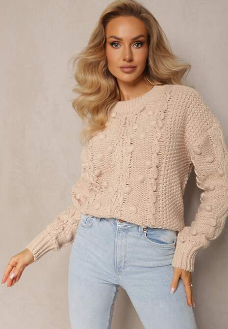 Beżowy Grubo Pleciony Sweter z Wełną i Bawełną Bavime
