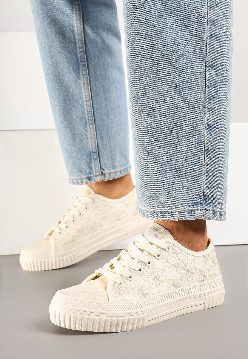 Beżowe Klasyczne Trampki z Cholewką z Haftem Meppane