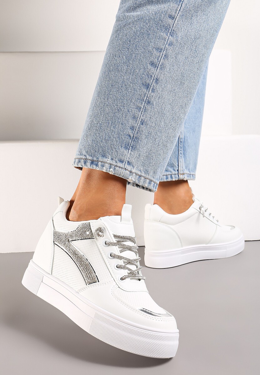 Biało-Złote Sneakersy ze Wstawką z Cyrkonii na Ukrytym Koturnie Hricane