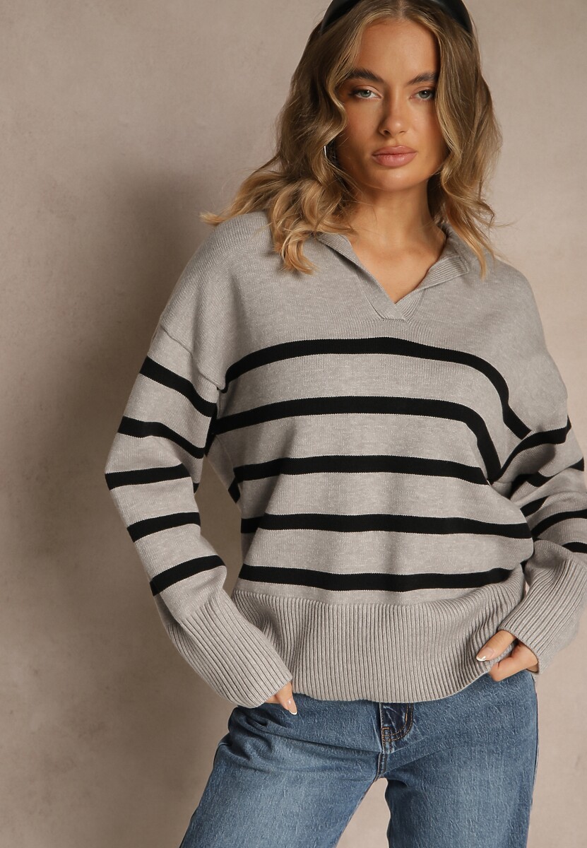 Czarno-Beżowy Sweter w Paski z Dekoltem w Serek z Kołnierzykiem Ralinavia