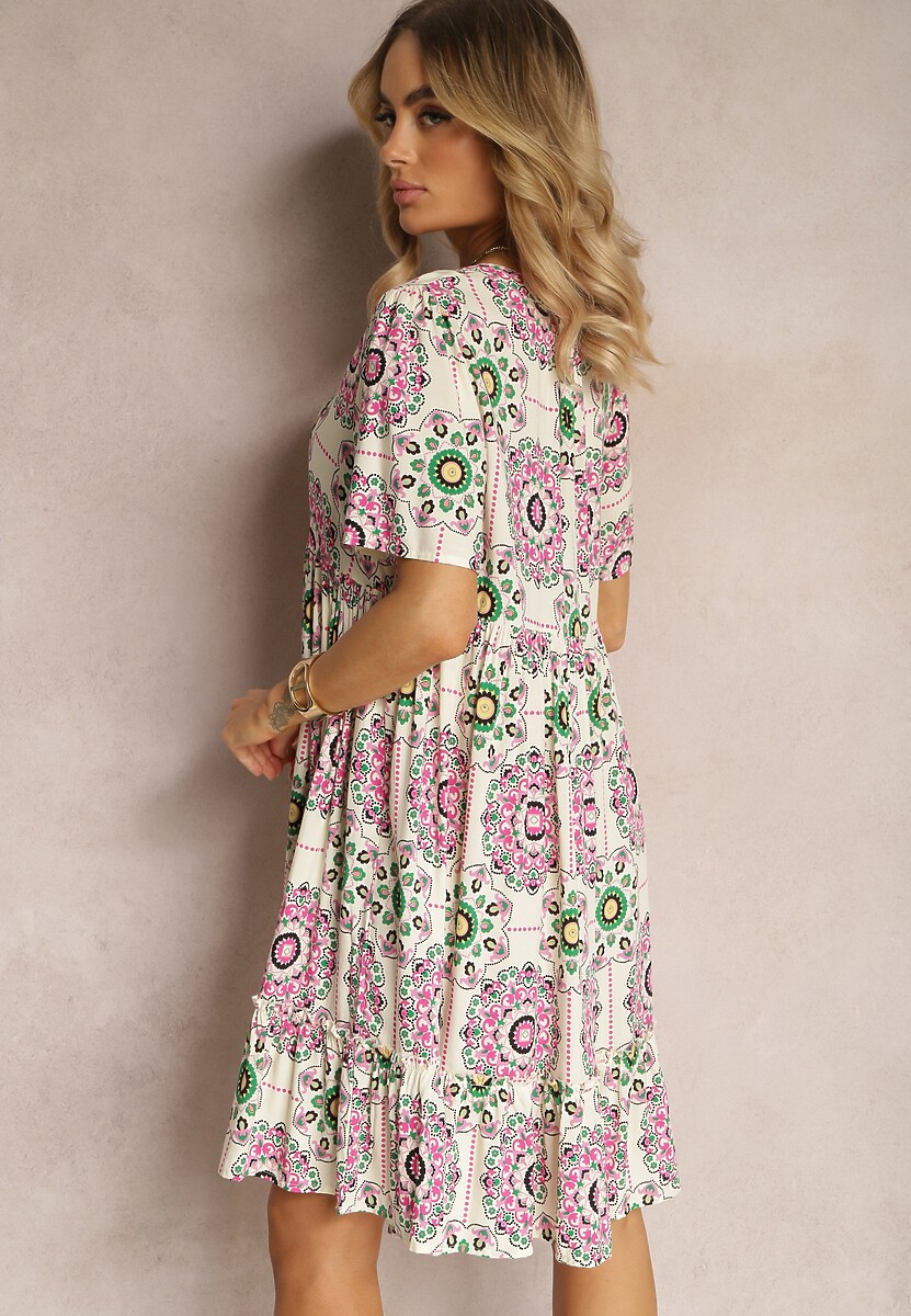 Różowa Sukienka z Wiskozowej Tkaniny w Mozaikowy Wzór Boho Naviera