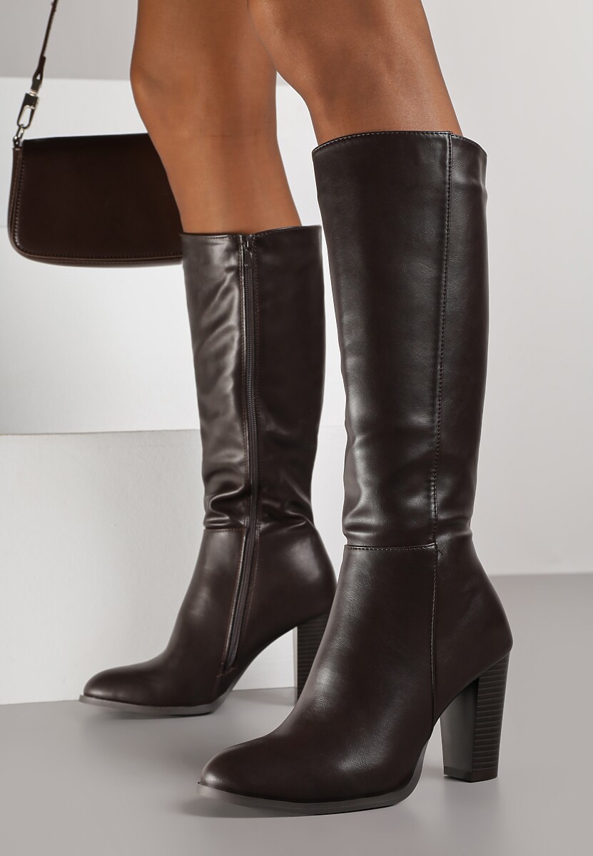 Ciemnobrązowe Eleganckie Kozaki VICES na Słupkowym Obcasie z Cholewką do Kolana Unenela