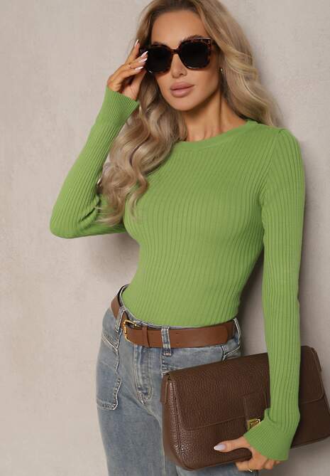 Jasnozielony Casualowy Sweter z Prążkowanego Materiału Zintra