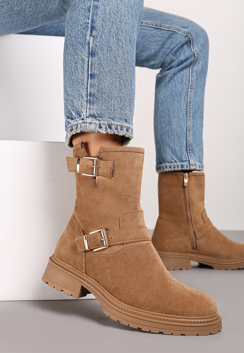 Brązowe Botki z Ekozamszu ze Stylowymi Klamrami i Paseczkami przy Cholewce Nevalune