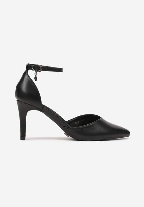 Czarne Szpilki Vices z Wkładką ze Skóry Naturalnej i Ozdobnym Paskiem Korori