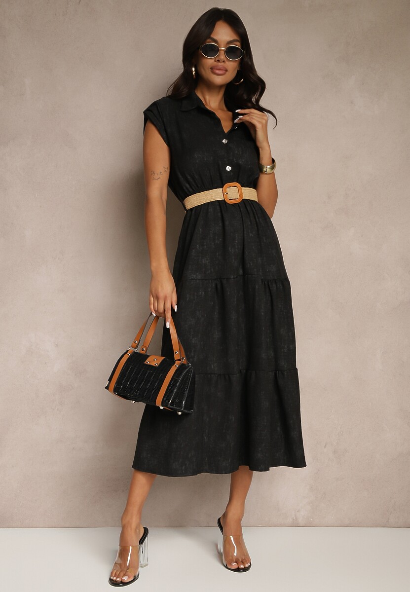 Czarna Sukienka z Guzikami i Paskiem z Plecionki Fillona