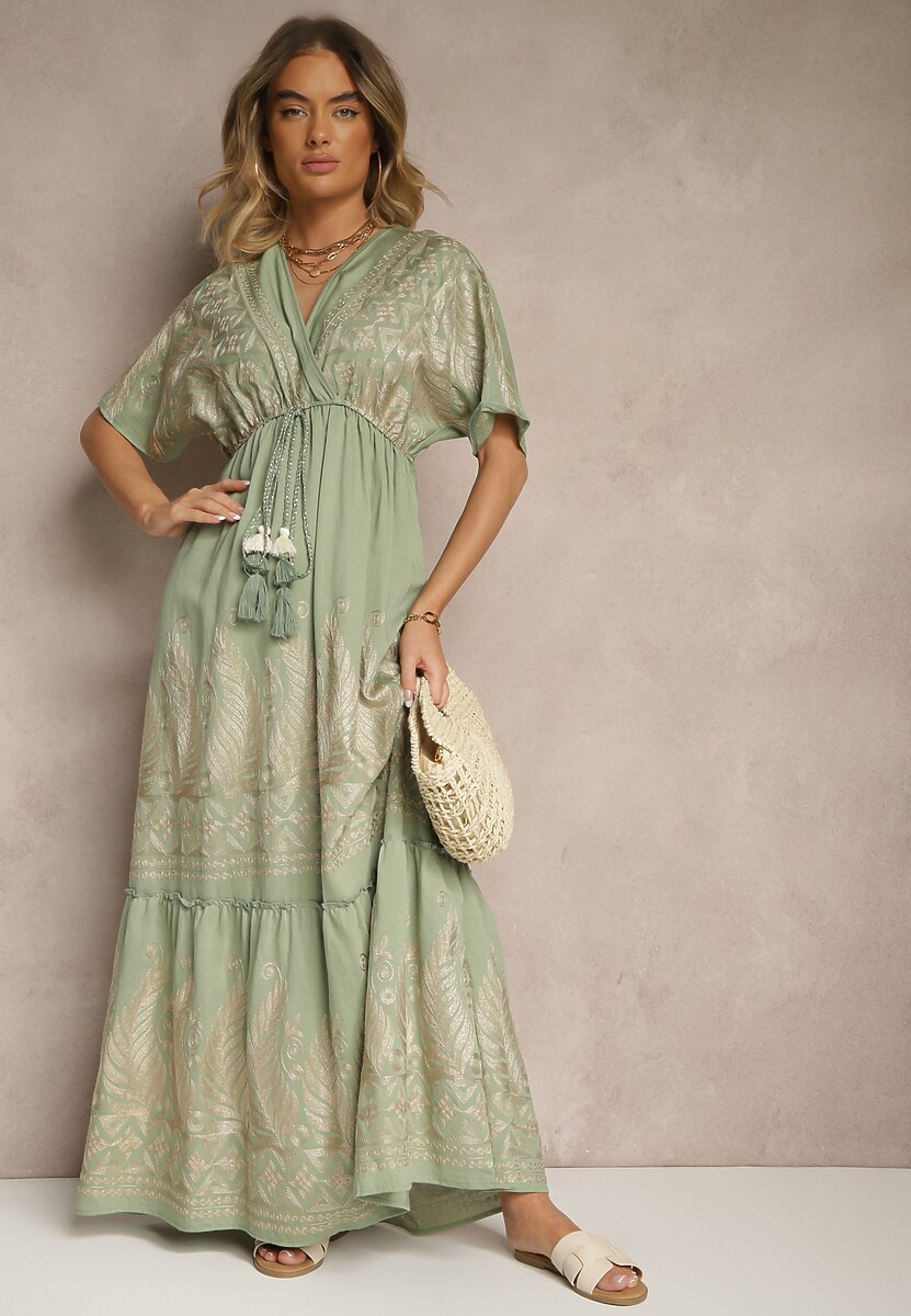 Zielona Wiskozowa Sukienka Boho o Kopertowym Kroju z Metalicznym Haftem Redeselle