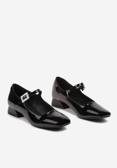 Czarne Czółenka na Niskim Obcasie z Lakierowanym Wykończeniem Zdobione Cyrkoniową Klamrą Lobirae