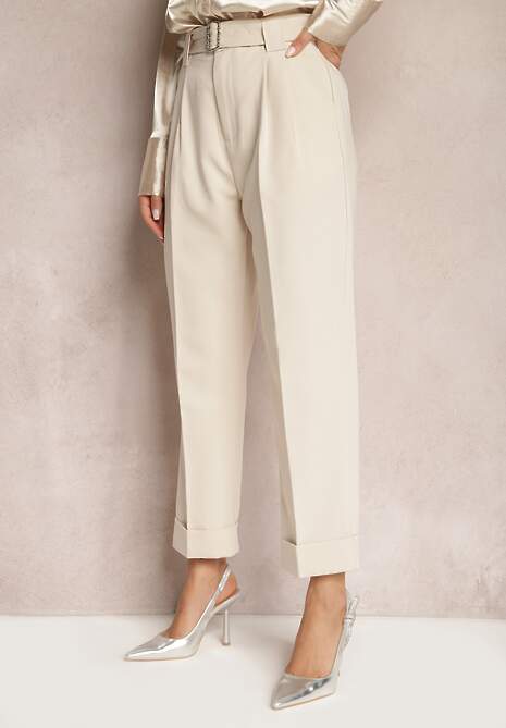 Beżowe Garniturowe Spodnie High Waist z Paskiem z Klamrą Ficuza