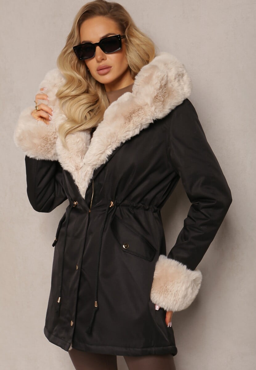 Czarno-Beżowa Kurtka Parka z Paskiem w Talii i Kapturem z Futerkiem Hizontia