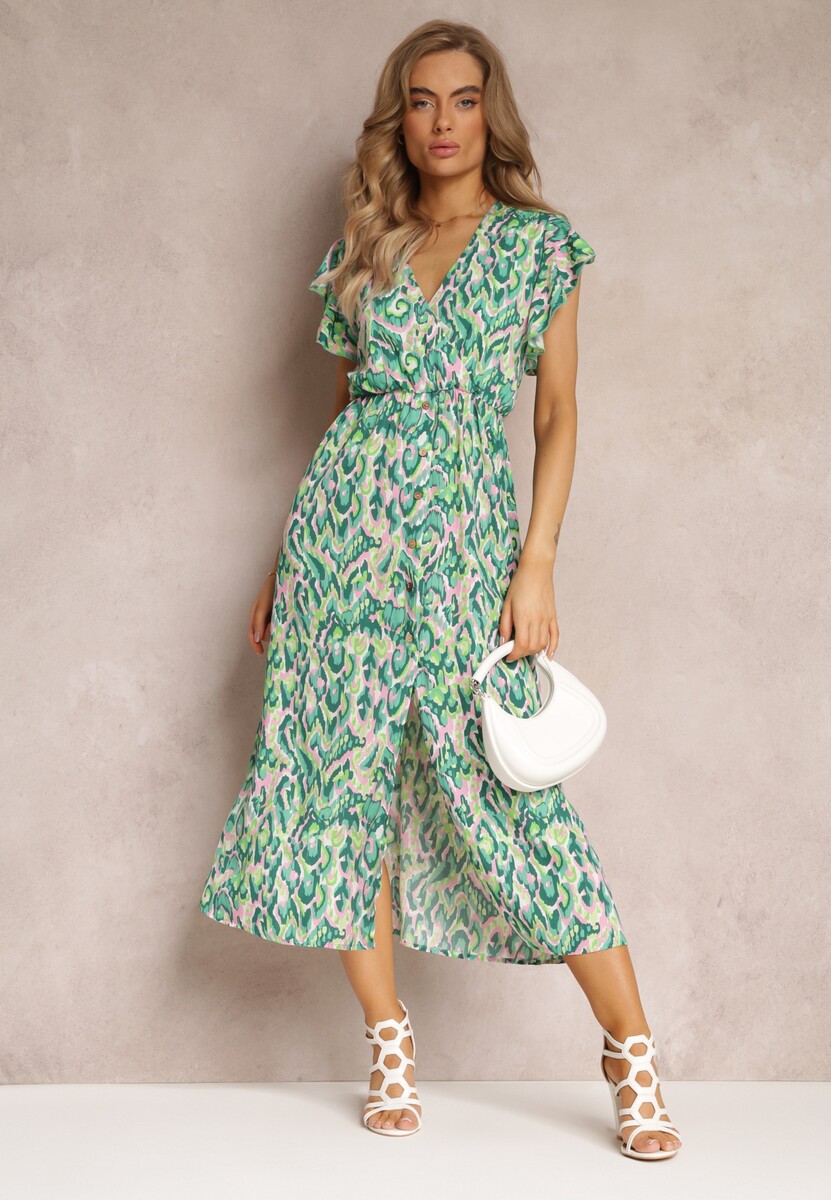 Zielona Rozkloszowana Sukienka Maxi z Kopertowym Dekoltem i Gumką w Pasie Yllia