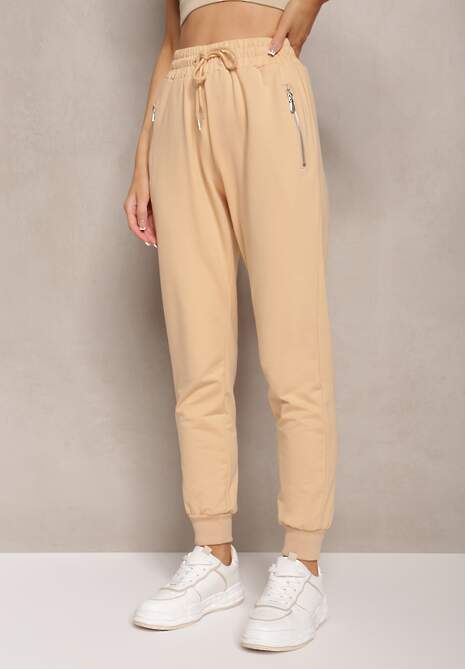 Jasnożółte Dresowe Spodnie Bawełniane Joggery z Kieszeniami na Suwaki Bieitta