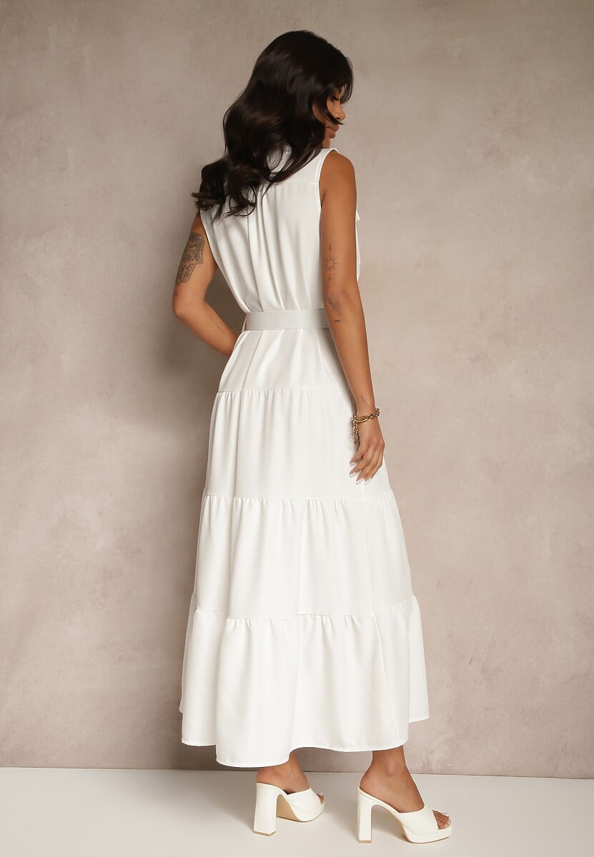 Biała Sukienka Koszulowa z Ozdobnymi Guzikami i Paskiem Maviosa