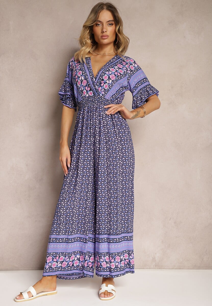 Granatowy Kopertowy Kombinezon Bawełniany z Cienkimi Gumeczkami w Pasie Zapinany na Szyi Orithiama