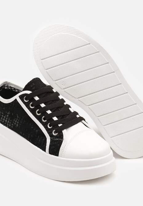 Czarno-Białe Sneakersy na Platformie z Koronkową Cholewką Falendriela