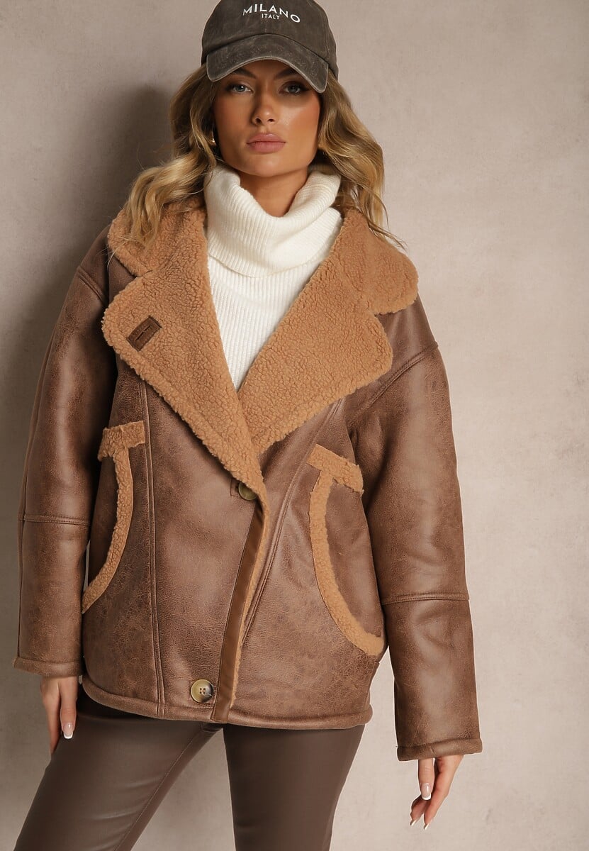 Brązowa Kurtka Typu Biker o Kroju Oversize z Futrzaną Podszewką i Guzikami Nikilina