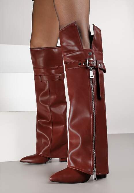 Bordowe Kozaki Kowbojki na Słupku Ozdobione Suwakiem Klamrą i Wywiniętą Cholewką Kelvila