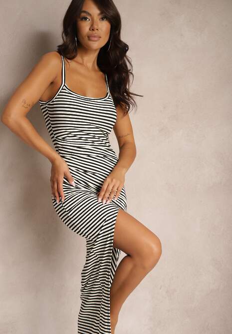 Czarno-Biała Asymetryczna Sukienka z Bawełny na Ramiączkach z Marszczeniami Anirata