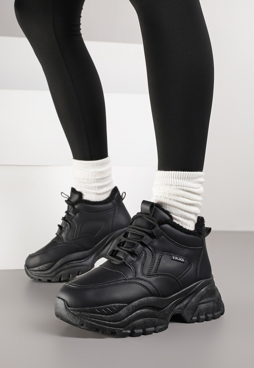 Czarne Streetwearowe Sneakersy Vices Chunky  w Stylu Traperów na Platformie Leate