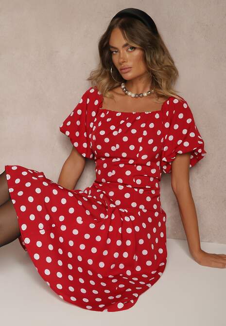 Czerwona Sukienka Hiszpanka Vices w Kropki o Rozkloszowanym Kroju Zilua