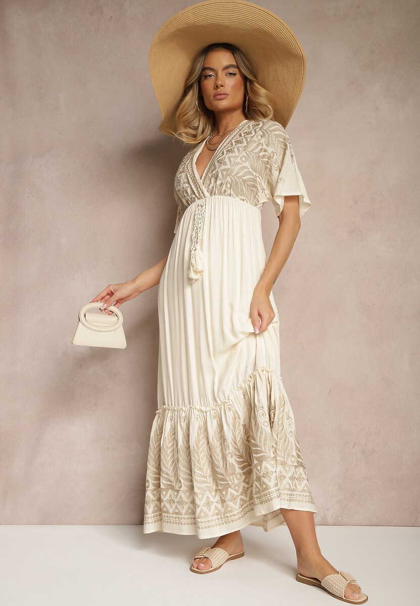 Jasnobeżowa Sukienka z Wiskozy o Kopertowym Kroju Zdobiona Metalicznym Haftem Grelhira