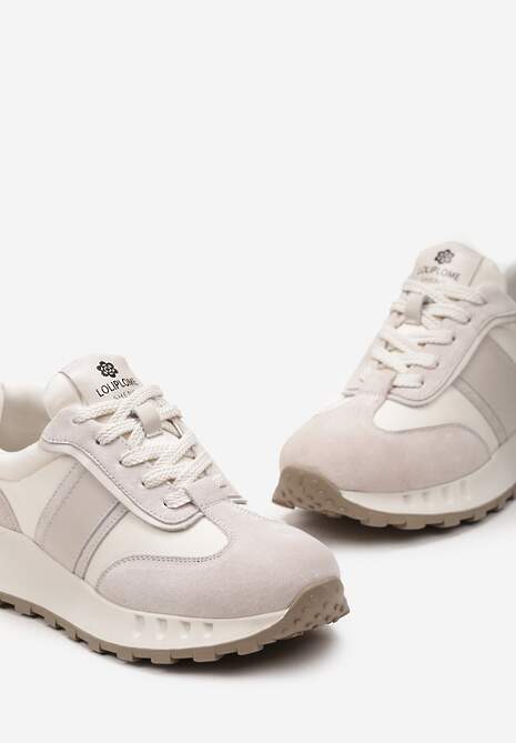 Beżowe Klasyczne Sneakersy ze Skóry Naturalnej Goteria