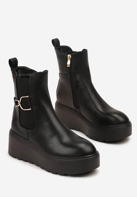 Czarne Botki Sztyblety Vices na Platformie Ozdobione Klamrami Falinnea