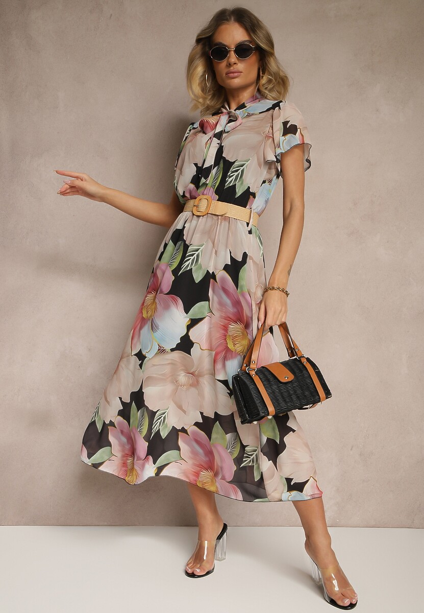 Czarna Rozkloszowana Sukienka Zdobiona Wiązaniem i Paskiem z Klamrą Sorisse