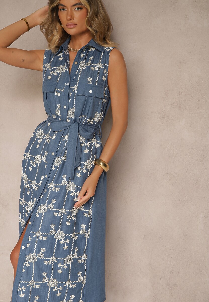 Beżowa Sukienka Koszulowa z Wiązanym Paskiem i Haftowanym Zdobieniem Malenea