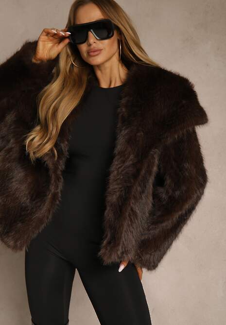 Brązowa Kurtka Futerko Ozdobione Cieniowanym Motywem Monideva