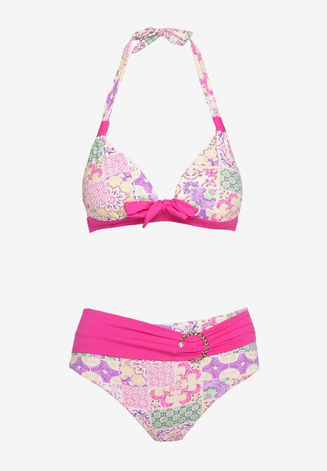 Fuksjowo-Beżowe Bikini w Mozaikowy Wzór z Biżuteryjną Klamerką Vextella