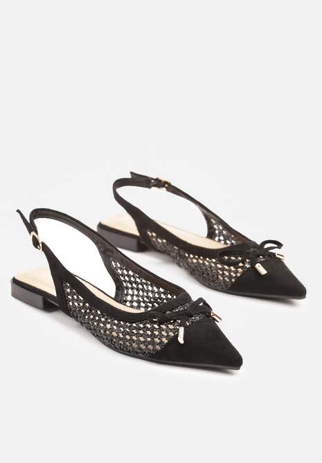 Czarne Sandały Balerinki z Plecionki ze Szpiczastym Noskiem i Kokardką Leawenne