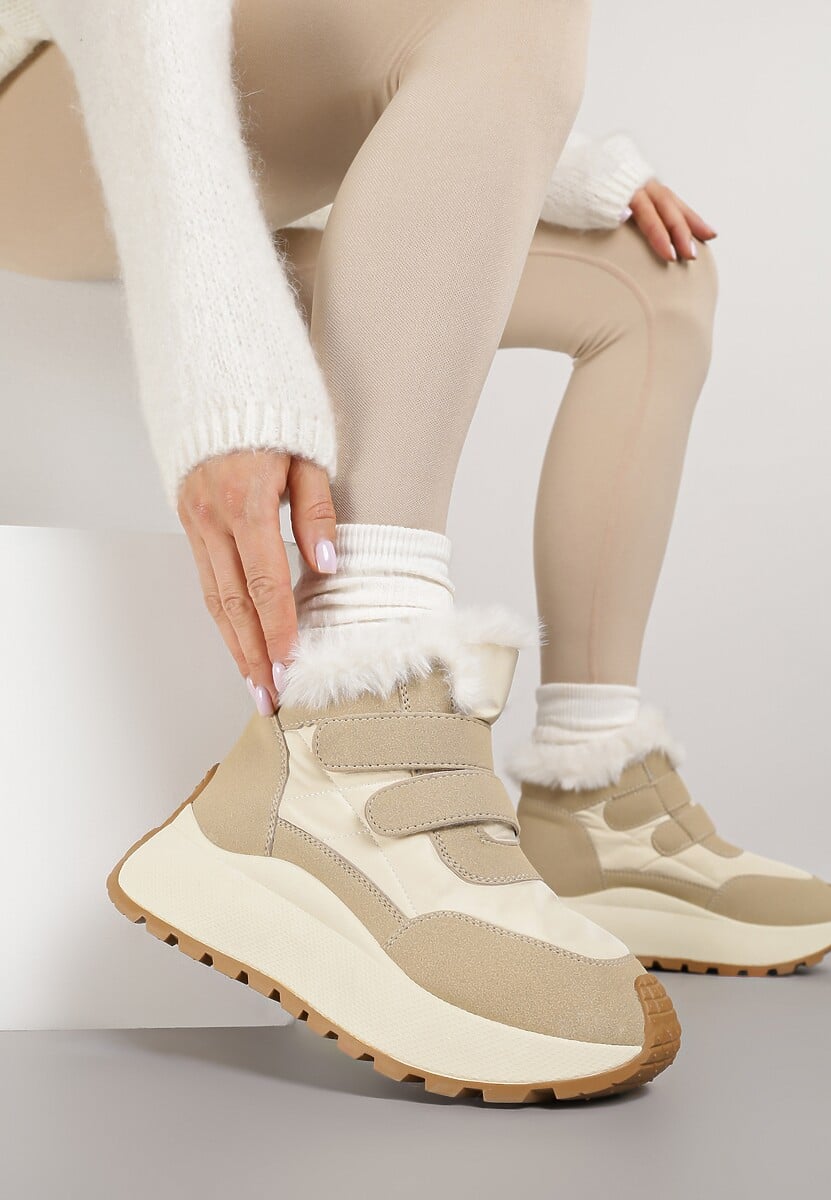 Beżowe Sneakersy Śniegowce Vices z Futerkiem na Platformie Zapinane na Rzep Nelosena