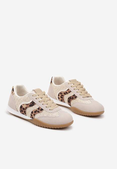 Ciemnobeżowe Panterkowe Sneakersy z Geometrycznym Motywem i Plecionką Laniffia