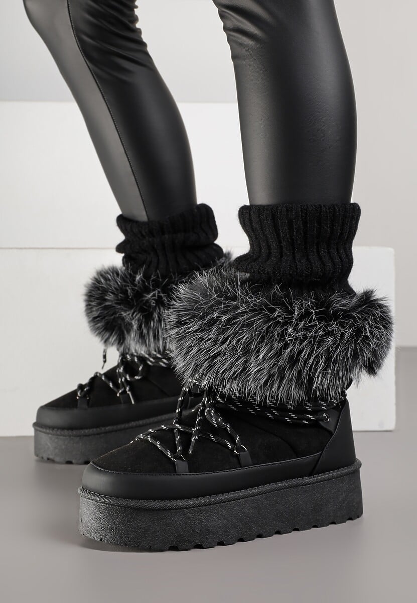 Czarne Śniegowce na Platformie Ozdobione Futerkiem Teswena