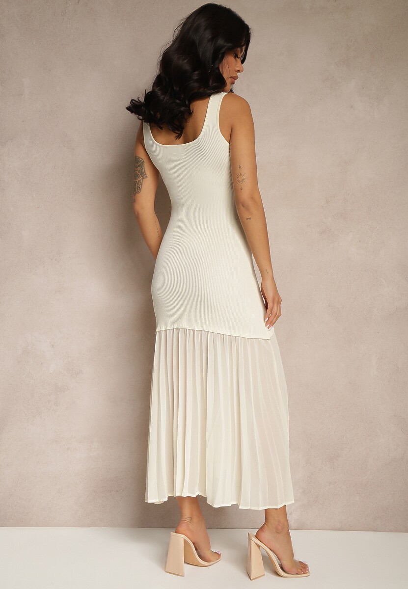 Beżowa Taliowana Sukienka na Ramiączkach z Prążkowanej Tkaniny z Tiulem Nolzedi