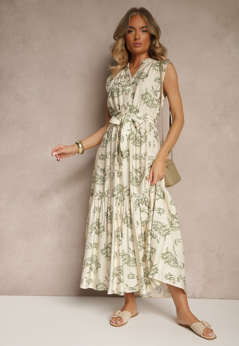 Beżowa-Zielona Sukienka z Wiskozy z Paskiem i Abstrakcyjnym Wzorem Rinalora