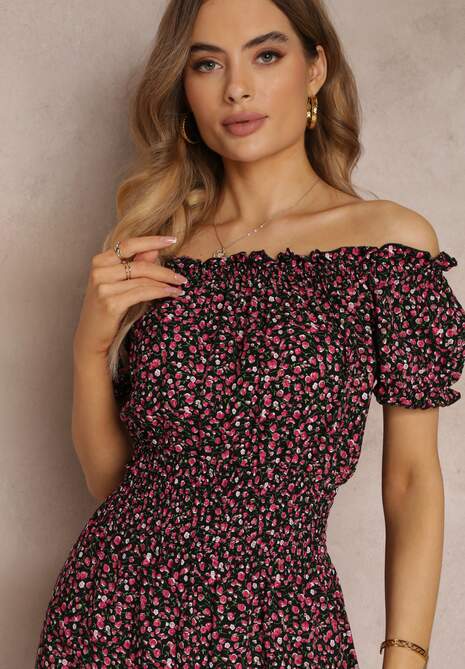 Czarno-Czerwona Bawełniana Sukienka z Gumką w Talii o Fasonie Hiszpanki Jazmi