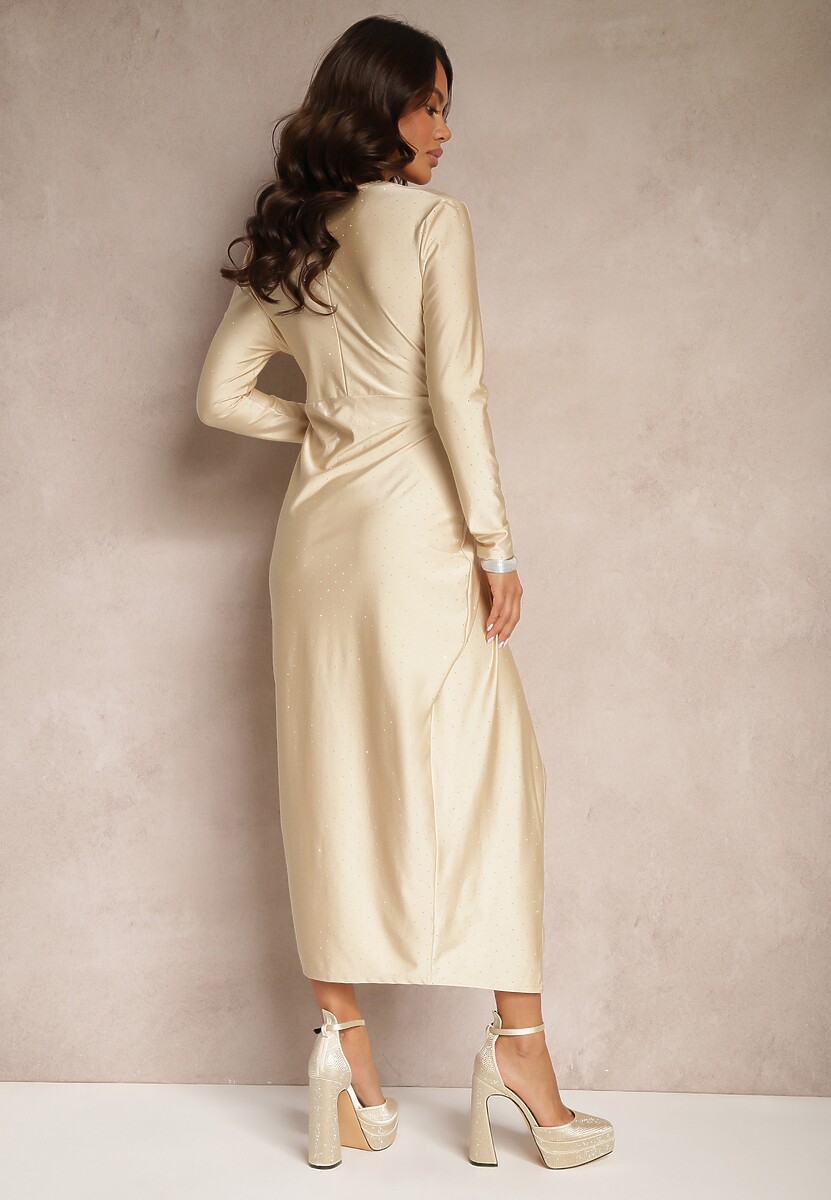 Beżowa Sukienka z Kopertowym Dekoltem Ozdobiona Cyrkoniami Cealora